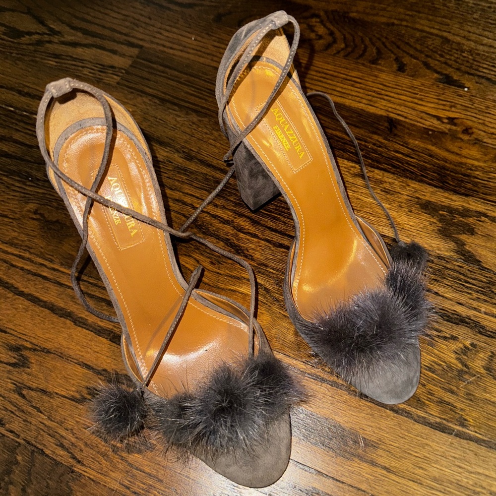 Aquazurra brown suede heels with natural fur trim